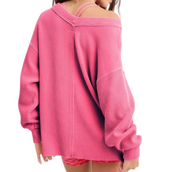 Aerie Wonder Textured V-Neck Sweatshirt Pink Oversized Cozy Waffle Knit Sz XS - Picture 2 of 8